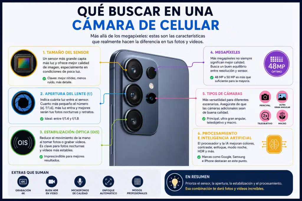 Guía de Fotografía Móvil · 2025–2026

Qué Buscar en una
Cámara de Celular